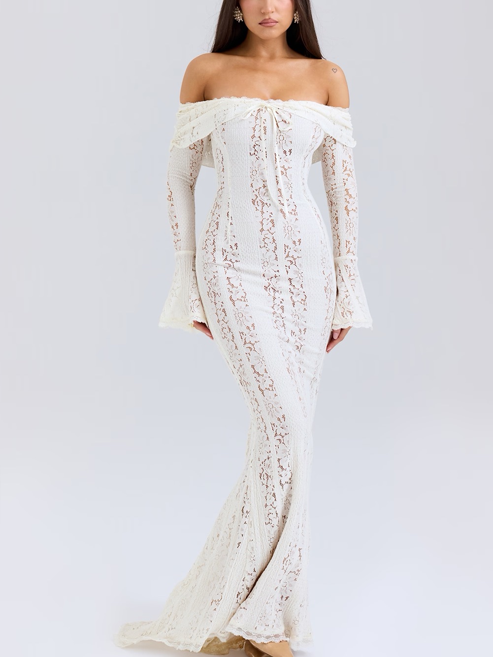 House Of Cb Vintage Cream Floral Lace Off Shoulder Maxi Dress